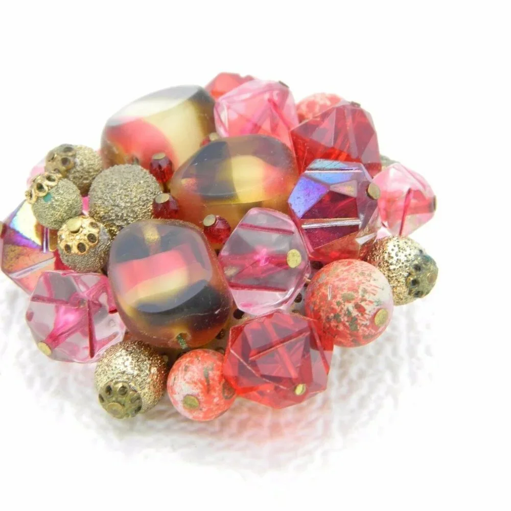 VTG WESTERN GERMANY Gold Tone Pink Red Glass Bead